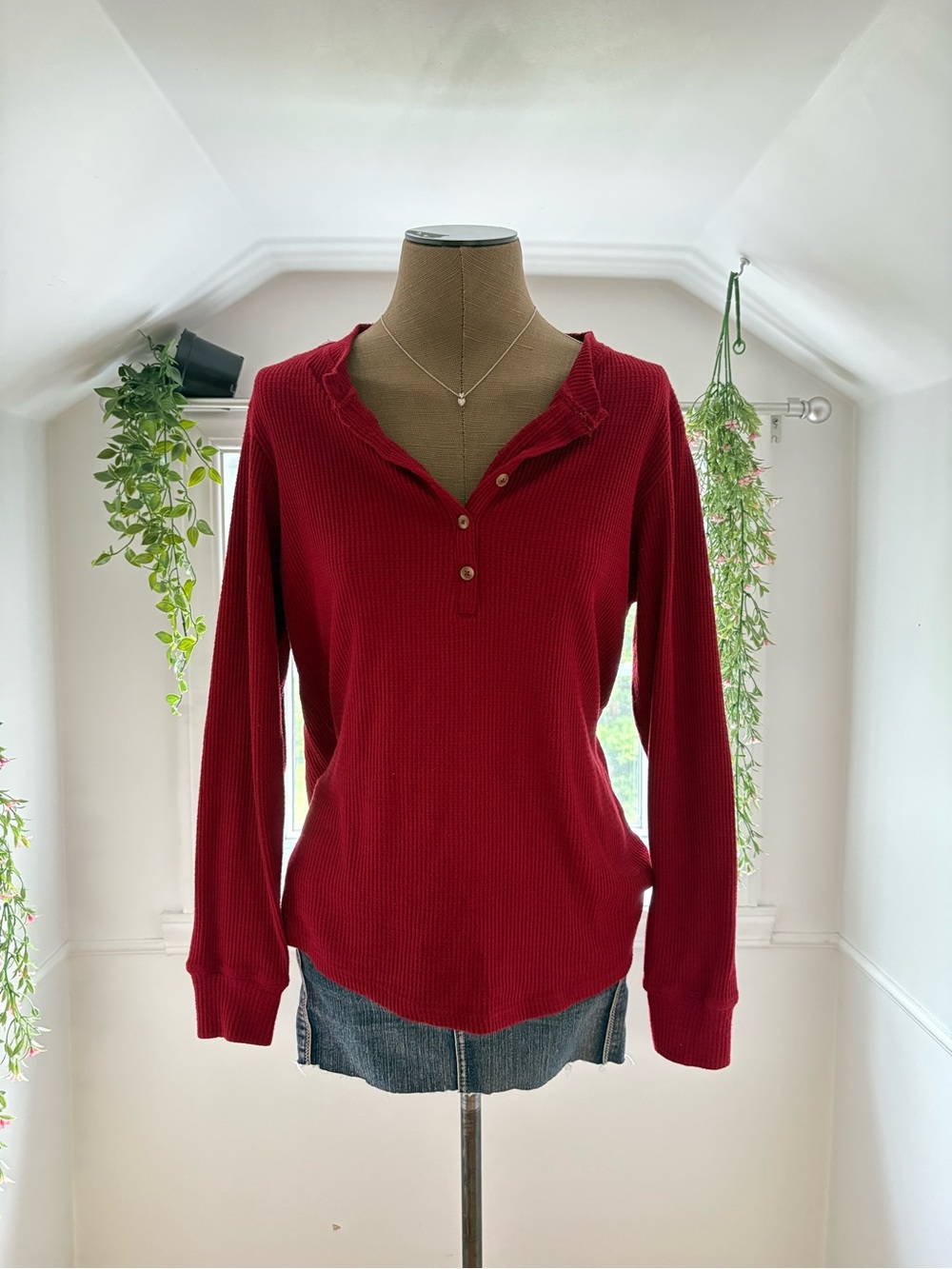 Women's Long-Sleeve Crimson Henley Waffle Top